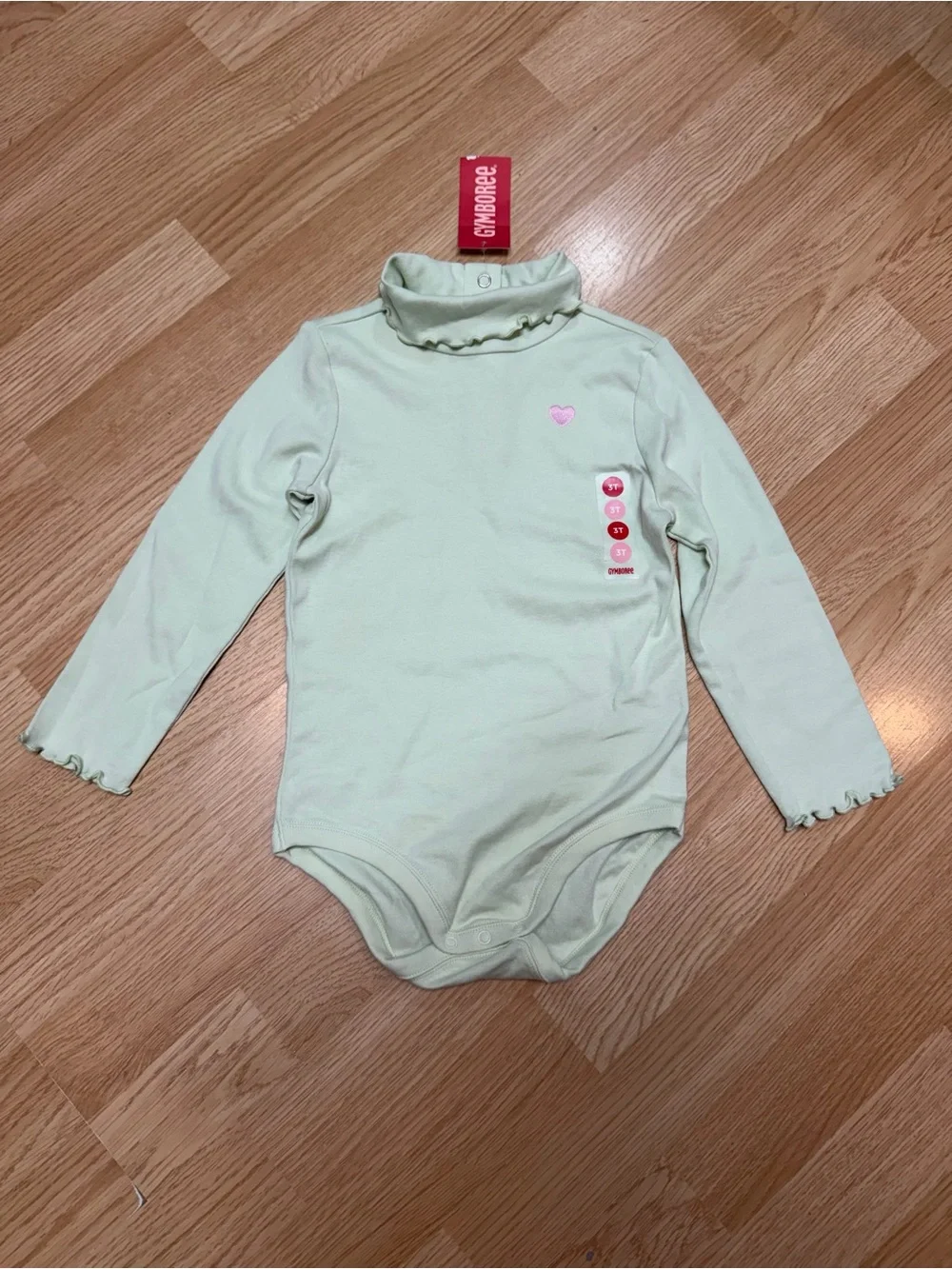Gymboree Girls 3T NWT Mint Green Ruffle Neck Bodysuit Pink Heart Long Sleeve